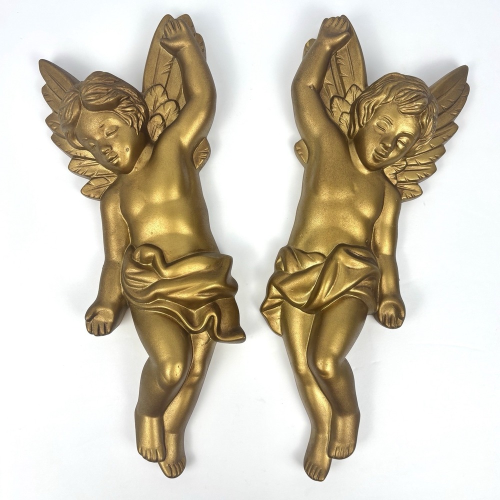 Miller Studio 1968 Gold Cherub Wall Plaques Set of 2 Pair Hanging Angels Vintage